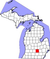 Image of the upper and lower peninsula of Michigan with counties outlined and a red highlight on Ingham county